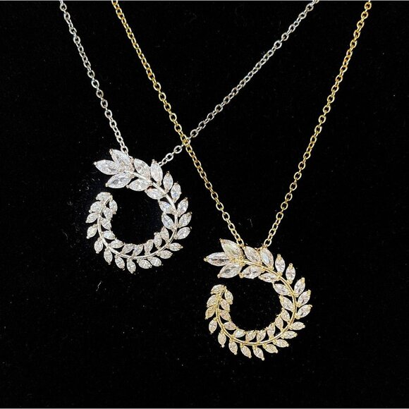 Diamond CZ Wreath Necklace, Dainty Cubic Zirconia Olive Branch Necklace - Picture 2 of 8